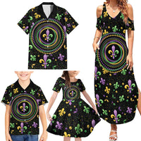 Mardi Gras Fleur De Lis Family Matching Summer Maxi Dress and Hawaiian Shirt With Round Carnival Beads - Wonder Print Shop