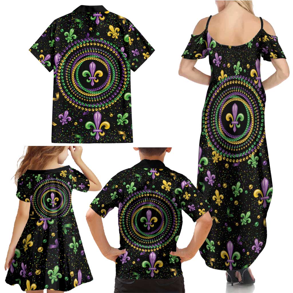 Mardi Gras Fleur De Lis Family Matching Summer Maxi Dress and Hawaiian Shirt With Round Carnival Beads - Wonder Print Shop