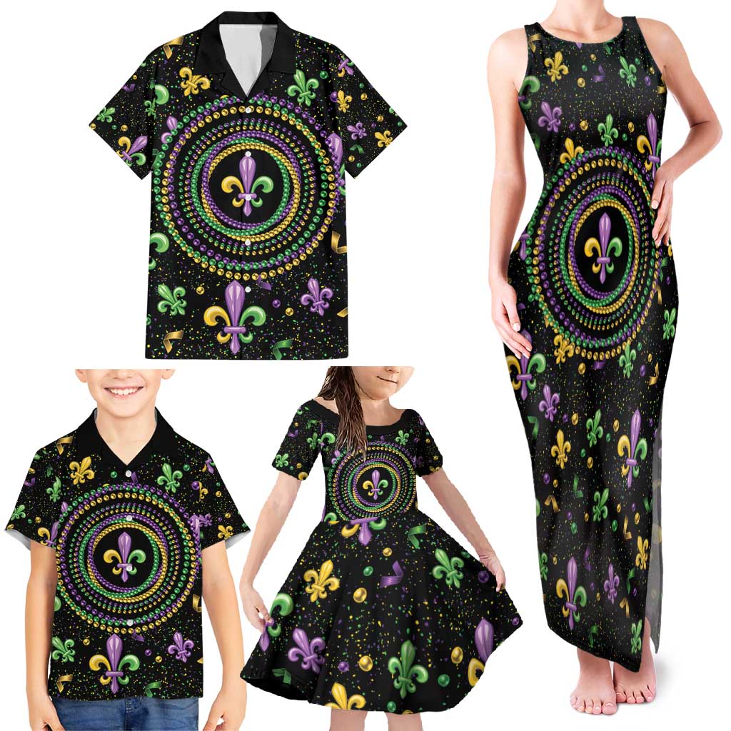 Mardi Gras Fleur De Lis Family Matching Tank Maxi Dress and Hawaiian Shirt With Round Carnival Beads - Wonder Print Shop