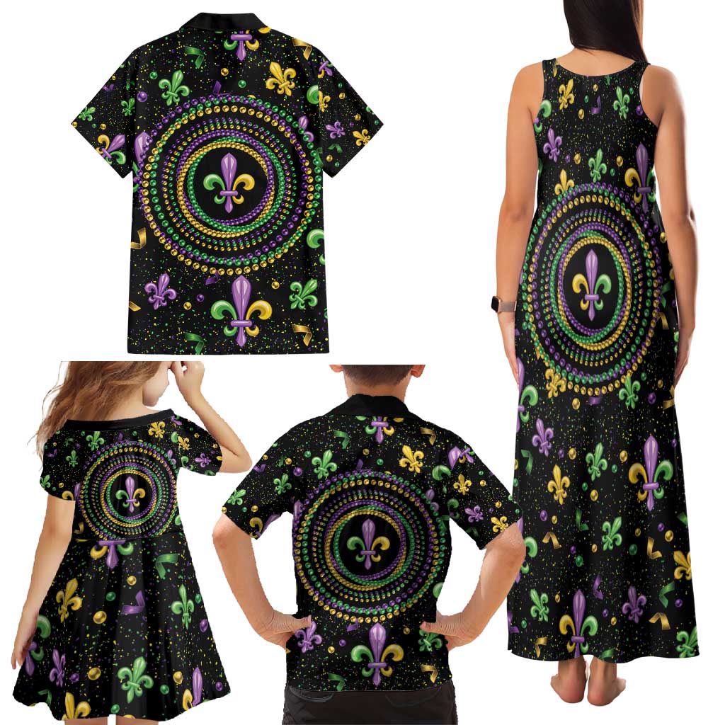 Mardi Gras Fleur De Lis Family Matching Tank Maxi Dress and Hawaiian Shirt With Round Carnival Beads - Wonder Print Shop