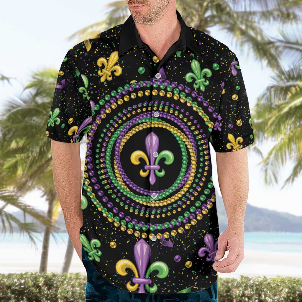 Mardi Gras Fleur De Lis Hawaiian Shirt With Round Carnival Beads - Wonder Print Shop