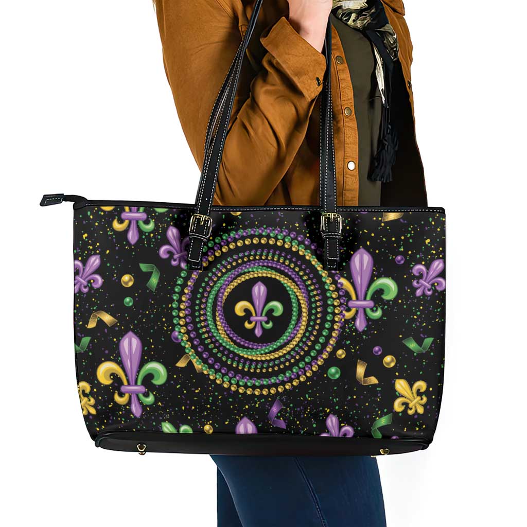 Mardi Gras Fleur De Lis Leather Tote Bag With Round Carnival Beads