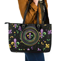 Mardi Gras Fleur De Lis Leather Tote Bag With Round Carnival Beads