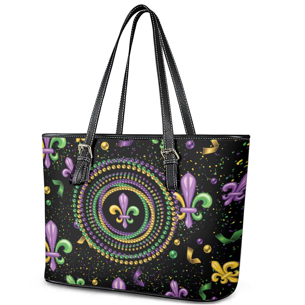 Mardi Gras Fleur De Lis Leather Tote Bag With Round Carnival Beads
