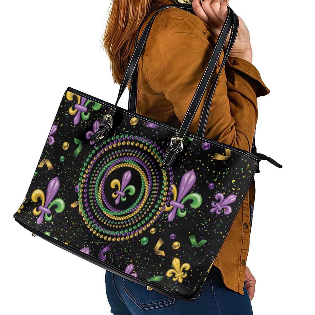 Mardi Gras Fleur De Lis Leather Tote Bag With Round Carnival Beads
