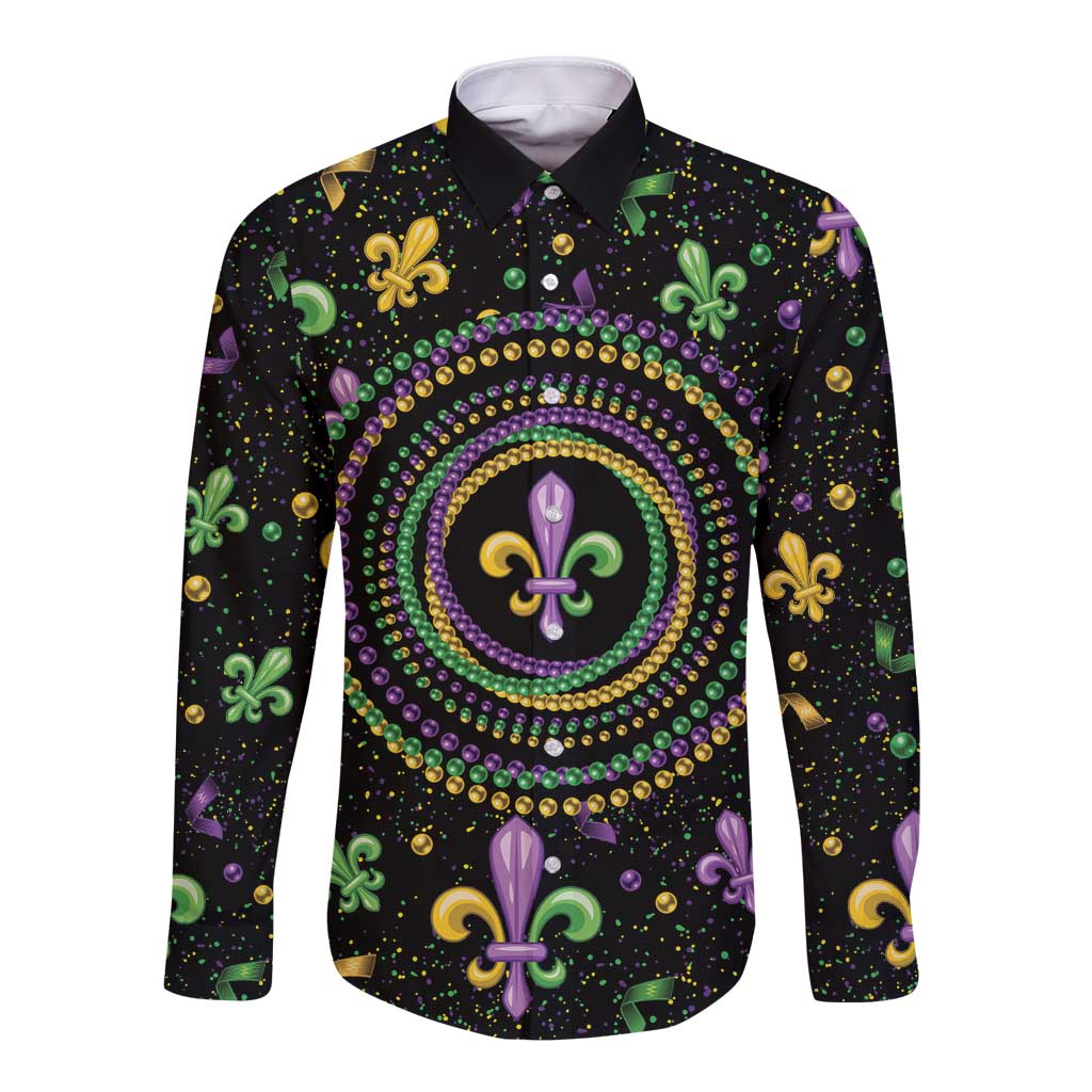 Mardi Gras Fleur De Lis Long Sleeve Button Shirt With Round Carnival Beads