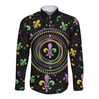 Mardi Gras Fleur De Lis Long Sleeve Button Shirt With Round Carnival Beads