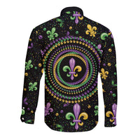 Mardi Gras Fleur De Lis Long Sleeve Button Shirt With Round Carnival Beads