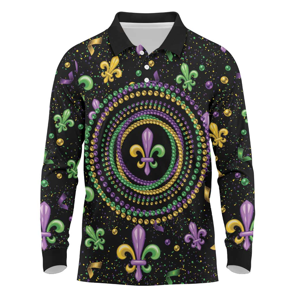 Mardi Gras Fleur De Lis Long Sleeve Polo Shirt With Round Carnival Beads - Wonder Print Shop