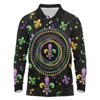 Mardi Gras Fleur De Lis Long Sleeve Polo Shirt With Round Carnival Beads - Wonder Print Shop