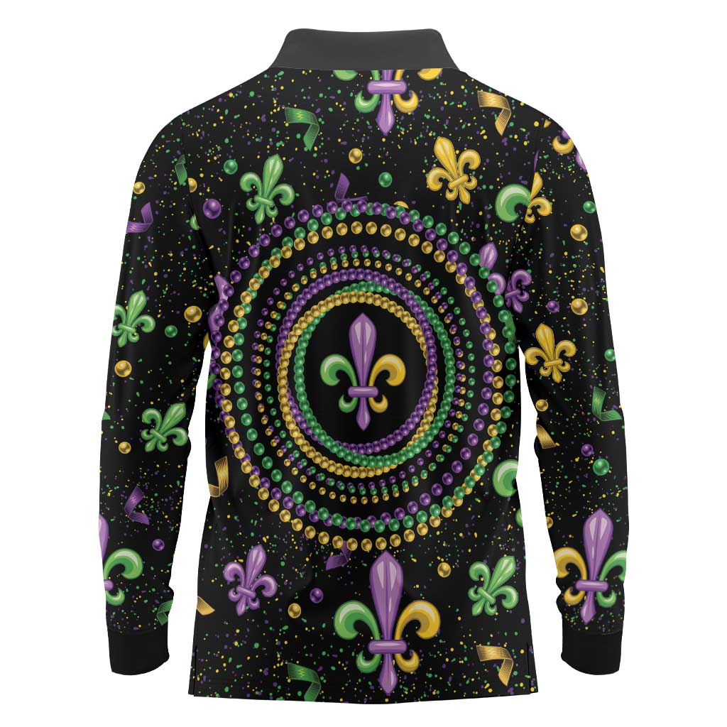 Mardi Gras Fleur De Lis Long Sleeve Polo Shirt With Round Carnival Beads - Wonder Print Shop