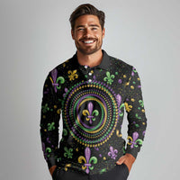 Mardi Gras Fleur De Lis Long Sleeve Polo Shirt With Round Carnival Beads - Wonder Print Shop