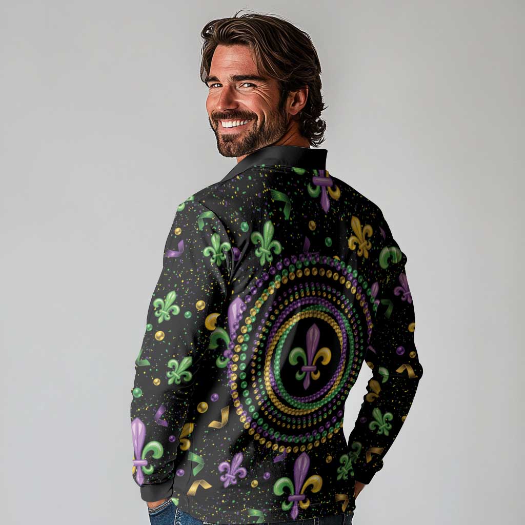 Mardi Gras Fleur De Lis Long Sleeve Polo Shirt With Round Carnival Beads - Wonder Print Shop