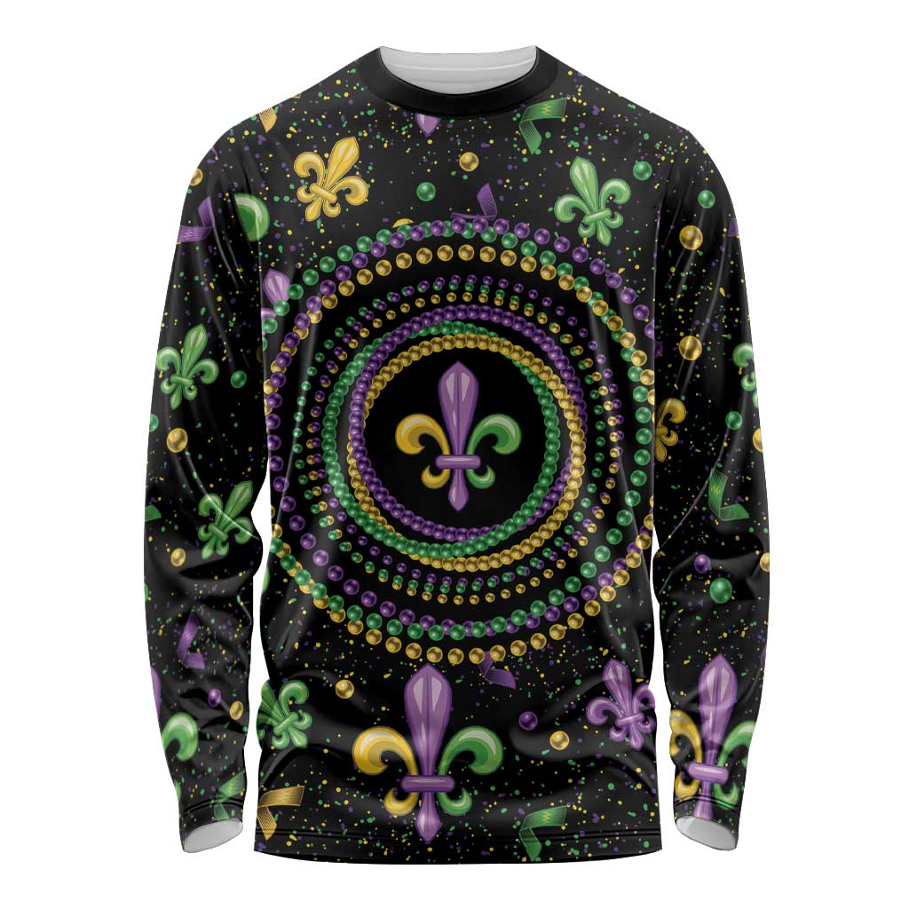 Mardi Gras Fleur De Lis Long Sleeve Shirt With Round Carnival Beads - Wonder Print Shop