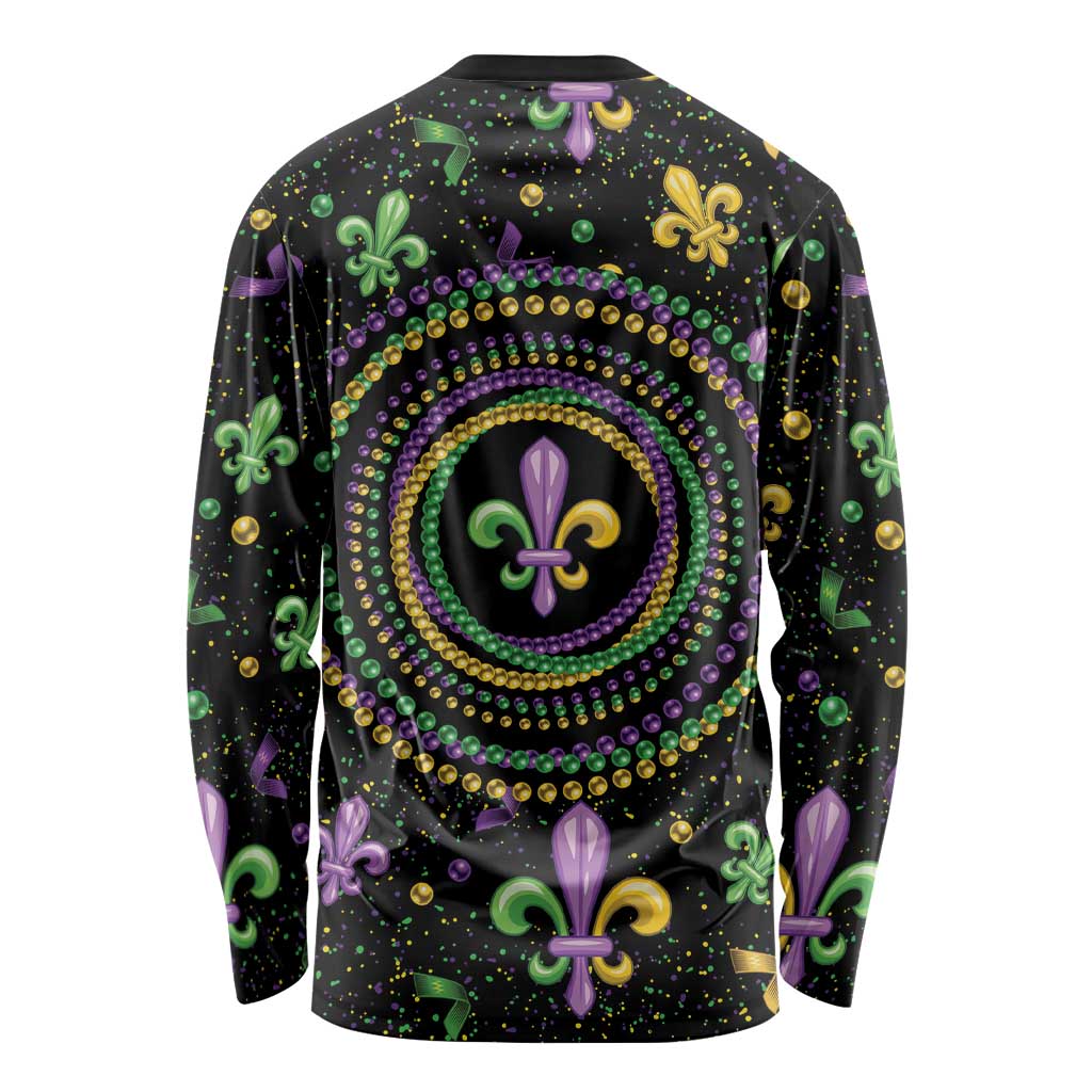 Mardi Gras Fleur De Lis Long Sleeve Shirt With Round Carnival Beads - Wonder Print Shop