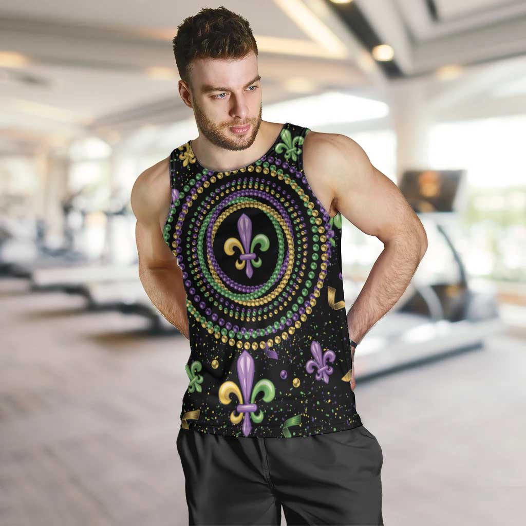 Mardi Gras Fleur De Lis Men Tank Top With Round Carnival Beads - Wonder Print Shop
