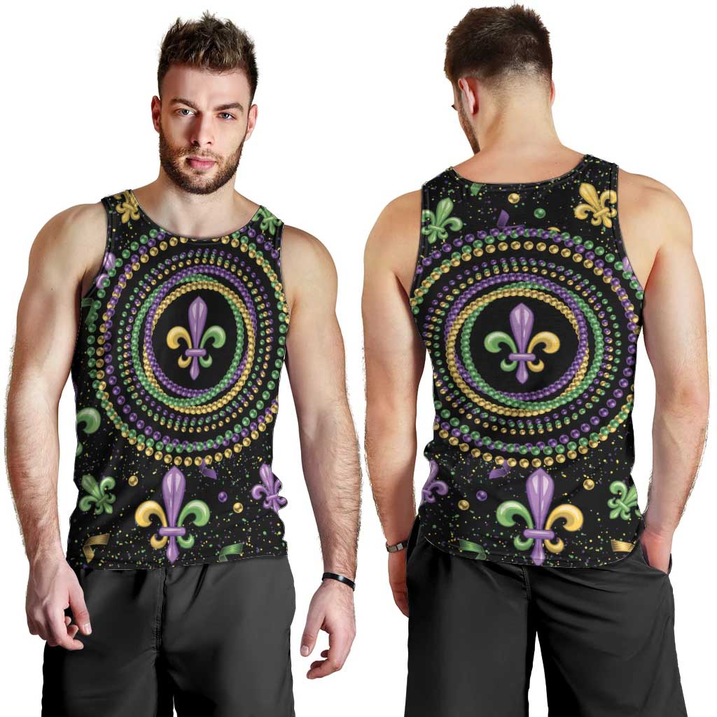 Mardi Gras Fleur De Lis Men Tank Top With Round Carnival Beads - Wonder Print Shop