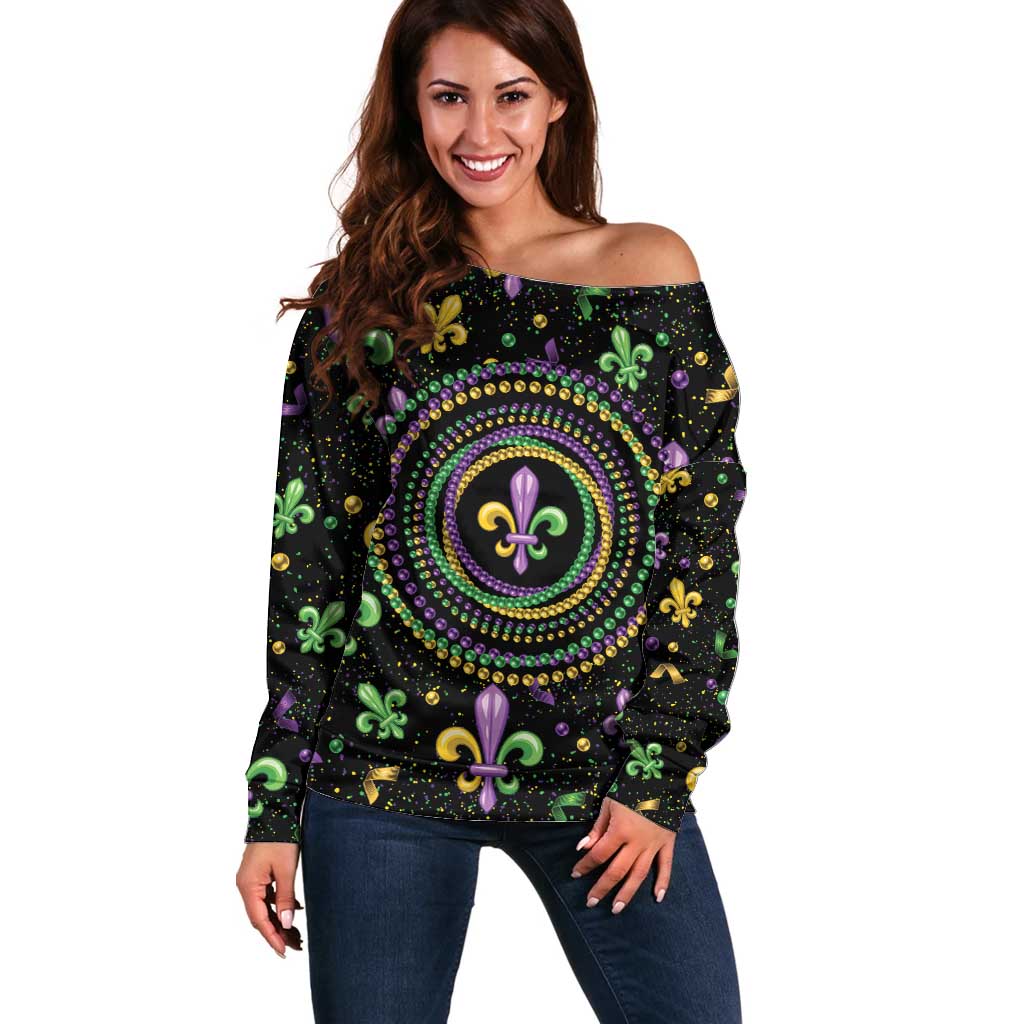 Mardi Gras Fleur De Lis Off Shoulder Sweater With Round Carnival Beads - Wonder Print Shop