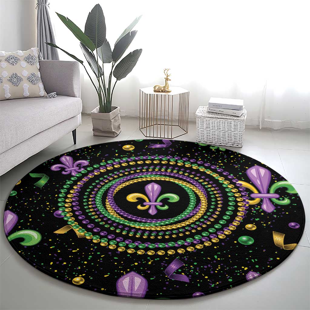 Mardi Gras Fleur De Lis Round Carpet With Round Carnival Beads - Wonder Print Shop