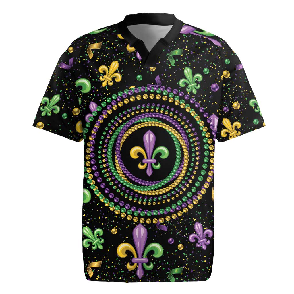 Mardi Gras Fleur De Lis Rugby Jersey With Round Carnival Beads - Wonder Print Shop