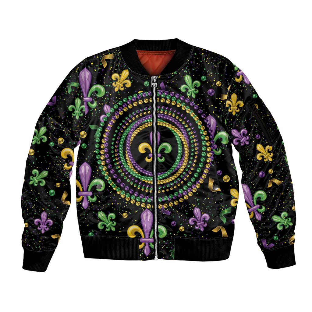 Mardi Gras Fleur De Lis Sleeve Zip Bomber Jacket With Round Carnival Beads - Wonder Print Shop