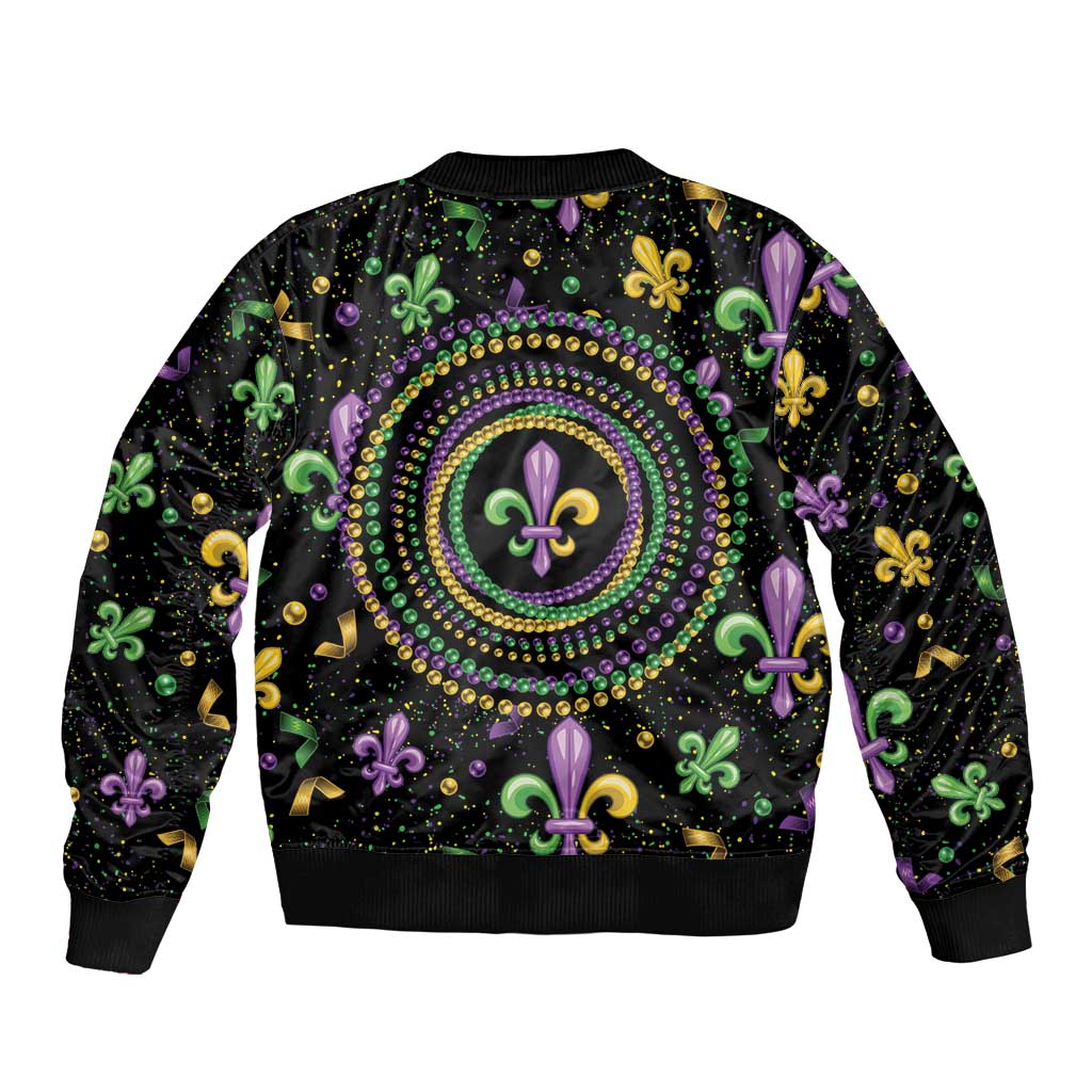 Mardi Gras Fleur De Lis Sleeve Zip Bomber Jacket With Round Carnival Beads - Wonder Print Shop