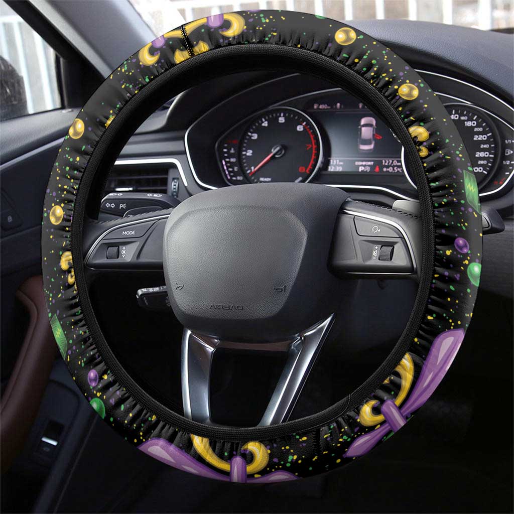 Mardi Gras Fleur De Lis Steering Wheel Cover With Round Carnival Beads - Wonder Print Shop