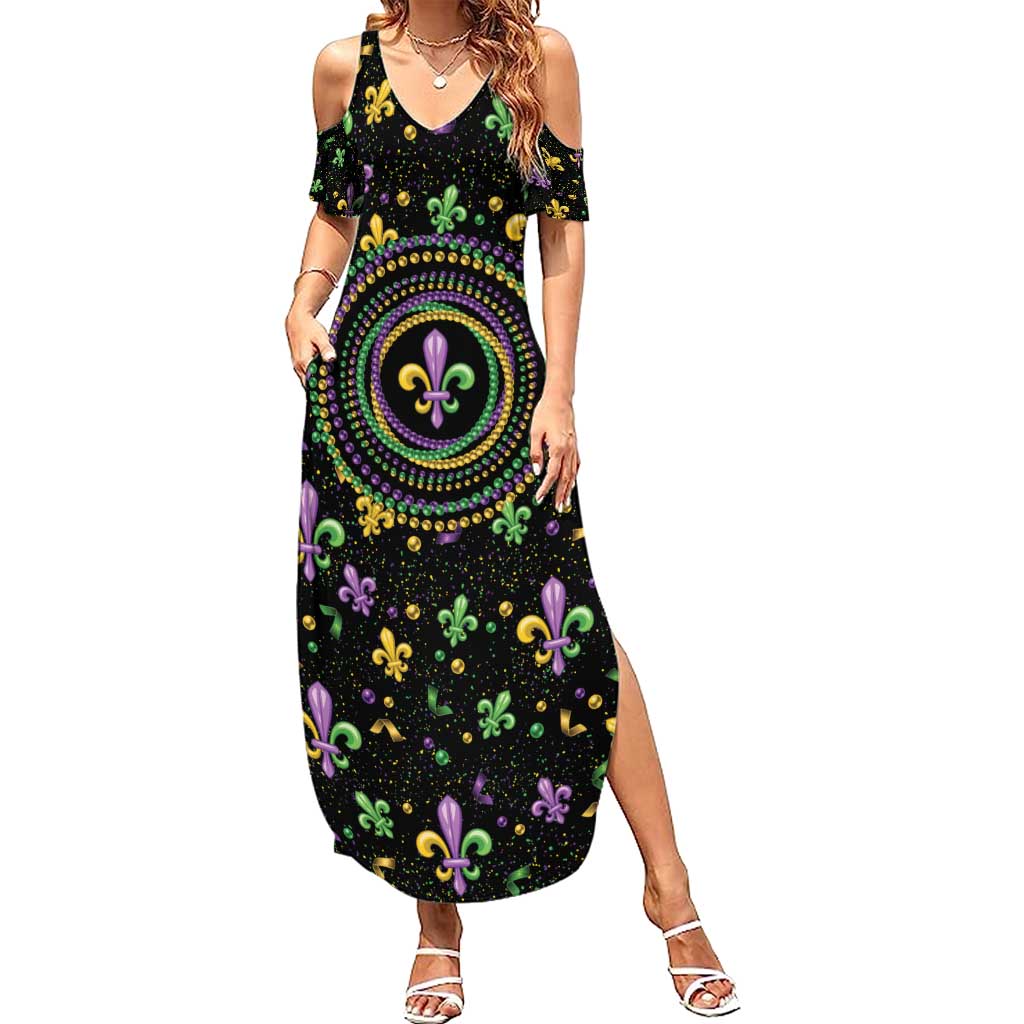 Mardi Gras Fleur De Lis Summer Maxi Dress With Round Carnival Beads - Wonder Print Shop