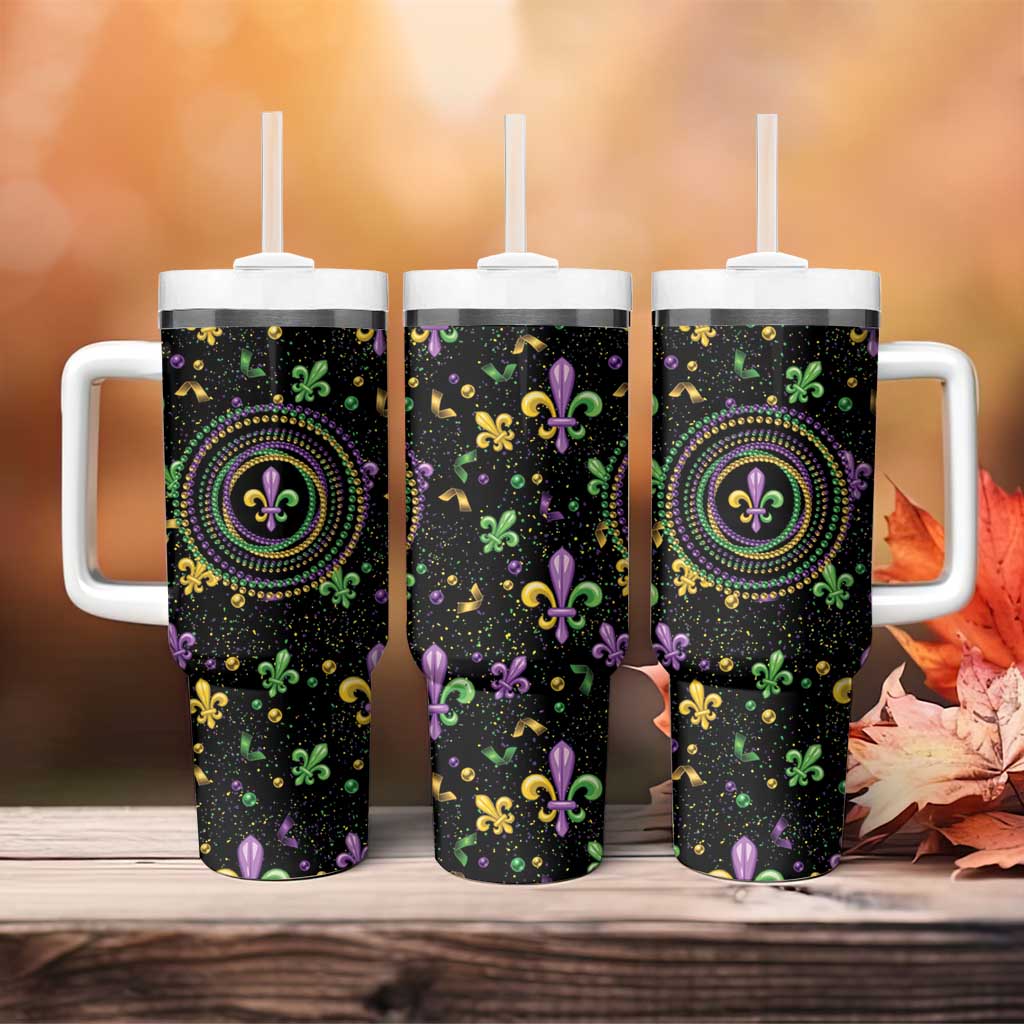 Mardi Gras Fleur De Lis Tumbler With Handle With Round Carnival Beads - Wonder Print Shop