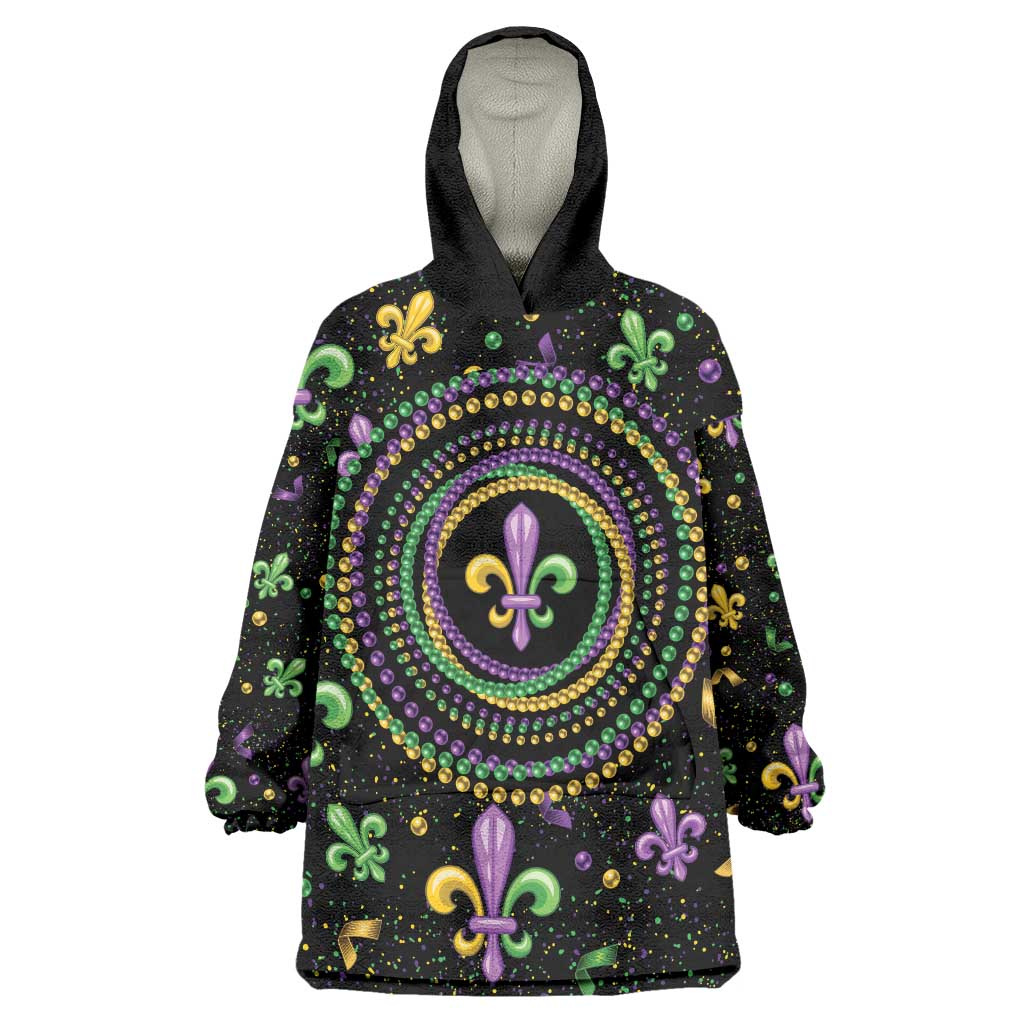 Mardi Gras Fleur De Lis Wearable Blanket Hoodie With Round Carnival Beads - Wonder Print Shop