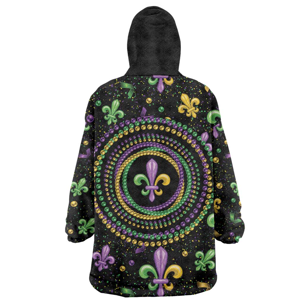 Mardi Gras Fleur De Lis Wearable Blanket Hoodie With Round Carnival Beads - Wonder Print Shop