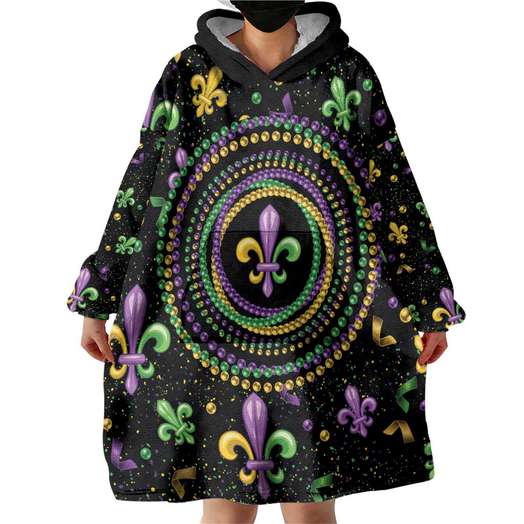 Mardi Gras Fleur De Lis Wearable Blanket Hoodie With Round Carnival Beads - Wonder Print Shop