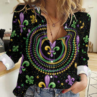 Mardi Gras Fleur De Lis Women Casual Shirt With Round Carnival Beads - Wonder Print Shop