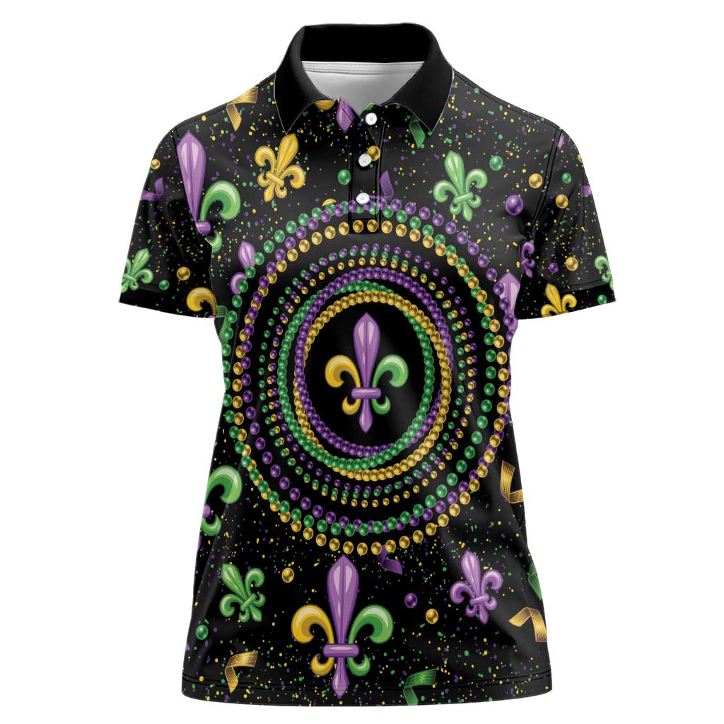 Mardi Gras Fleur De Lis Women Polo Shirt With Round Carnival Beads - Wonder Print Shop