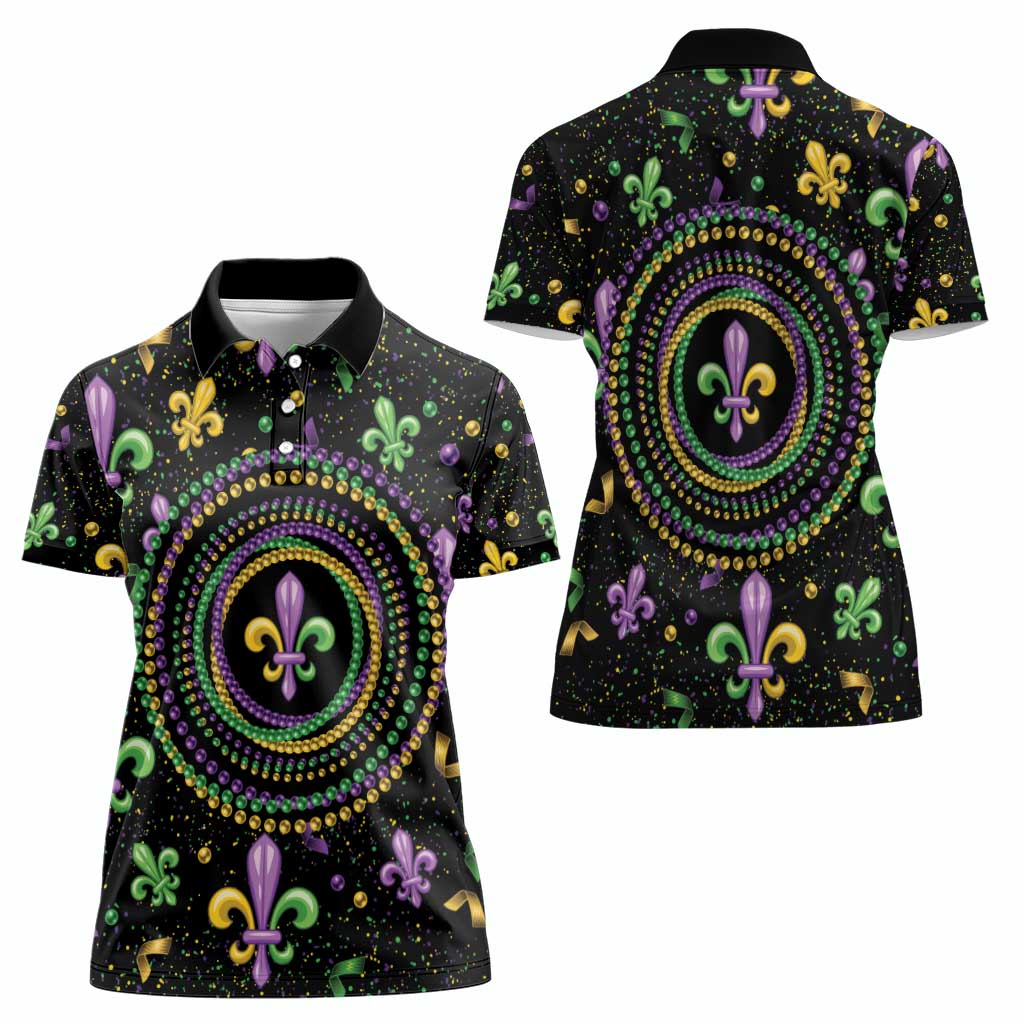 Mardi Gras Fleur De Lis Women Polo Shirt With Round Carnival Beads - Wonder Print Shop