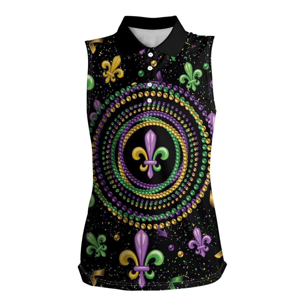 Mardi Gras Fleur De Lis Women Sleeveless Polo Shirt With Round Carnival Beads - Wonder Print Shop