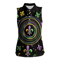 Mardi Gras Fleur De Lis Women Sleeveless Polo Shirt With Round Carnival Beads - Wonder Print Shop