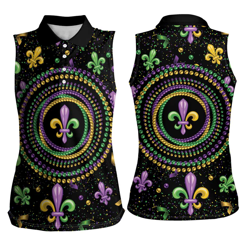 Mardi Gras Fleur De Lis Women Sleeveless Polo Shirt With Round Carnival Beads - Wonder Print Shop