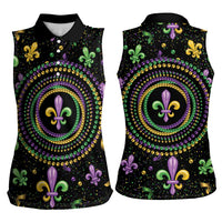 Mardi Gras Fleur De Lis Women Sleeveless Polo Shirt With Round Carnival Beads - Wonder Print Shop