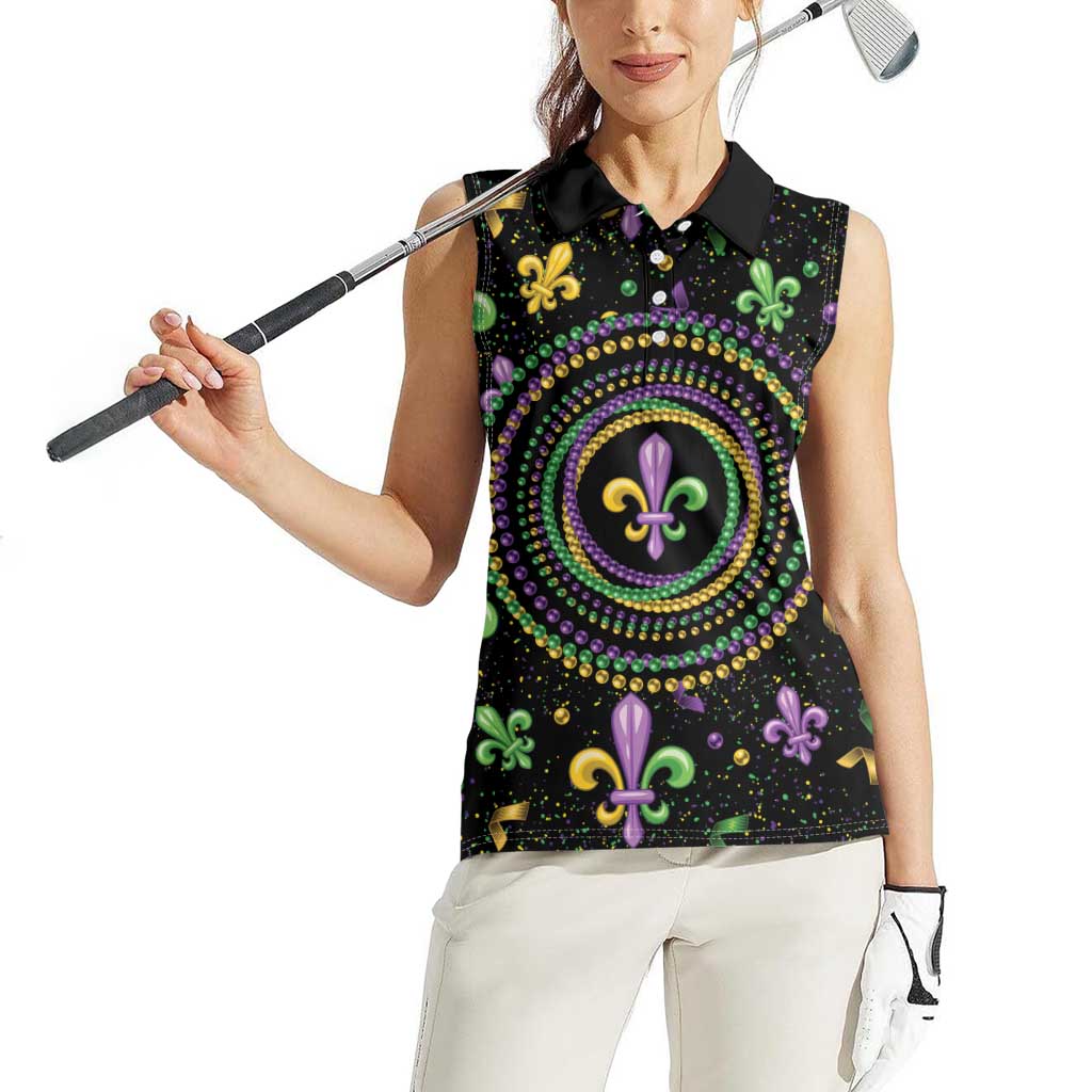 Mardi Gras Fleur De Lis Women Sleeveless Polo Shirt With Round Carnival Beads - Wonder Print Shop