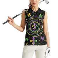 Mardi Gras Fleur De Lis Women Sleeveless Polo Shirt With Round Carnival Beads - Wonder Print Shop