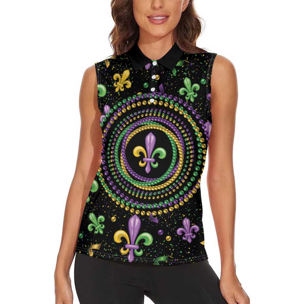 Mardi Gras Fleur De Lis Women Sleeveless Polo Shirt With Round Carnival Beads - Wonder Print Shop
