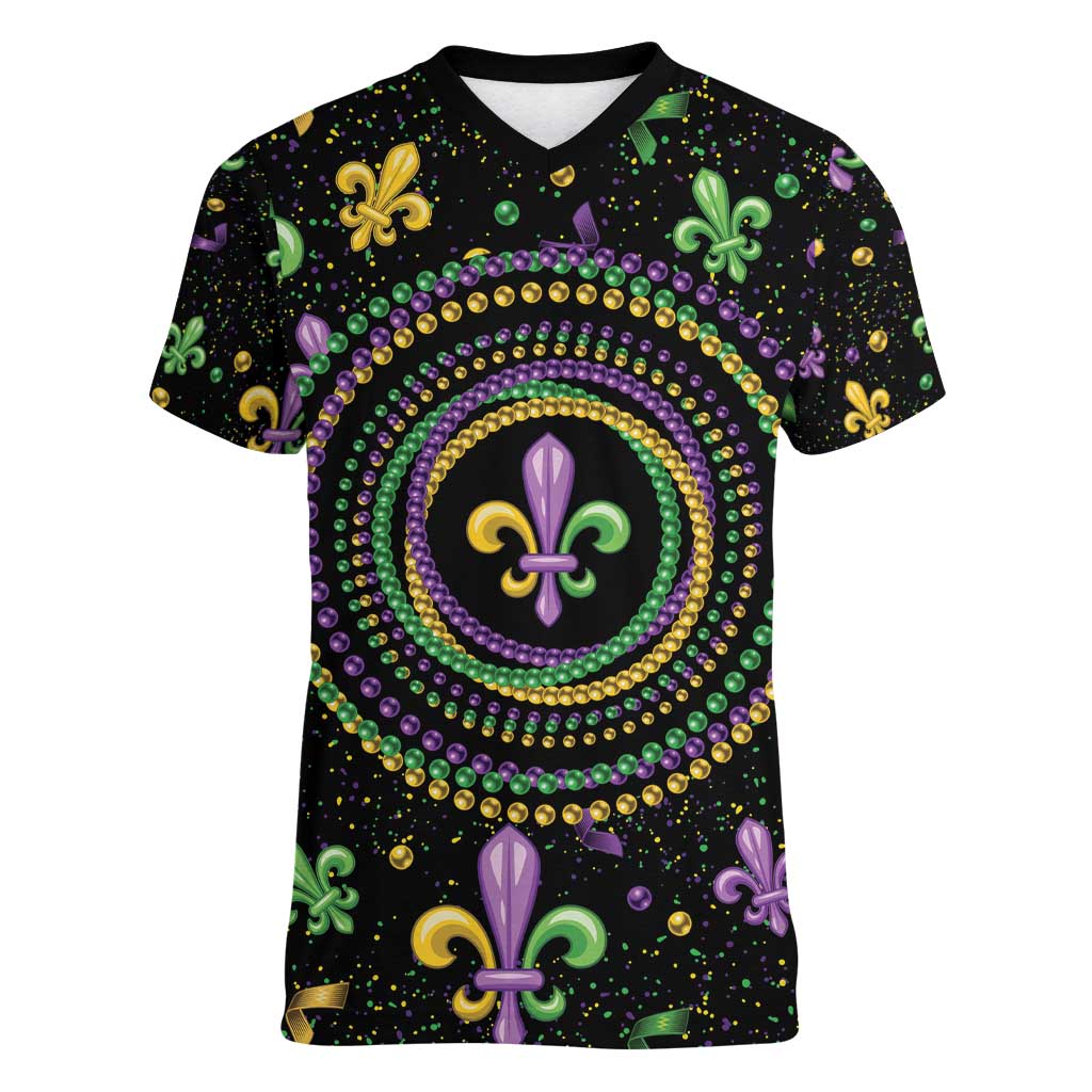 Mardi Gras Fleur De Lis Women V-Neck T-Shirt With Round Carnival Beads - Wonder Print Shop