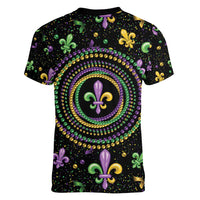 Mardi Gras Fleur De Lis Women V-Neck T-Shirt With Round Carnival Beads - Wonder Print Shop