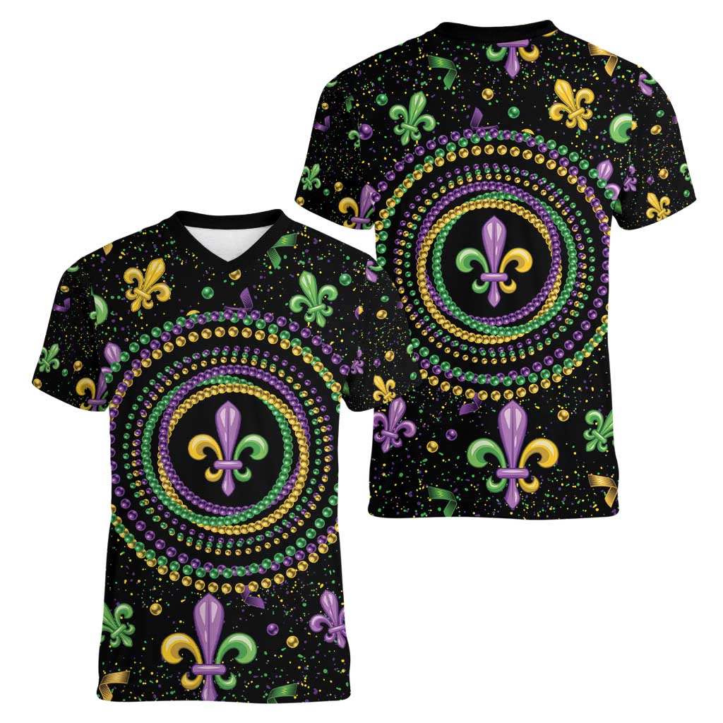 Mardi Gras Fleur De Lis Women V-Neck T-Shirt With Round Carnival Beads - Wonder Print Shop