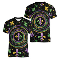 Mardi Gras Fleur De Lis Women V-Neck T-Shirt With Round Carnival Beads - Wonder Print Shop
