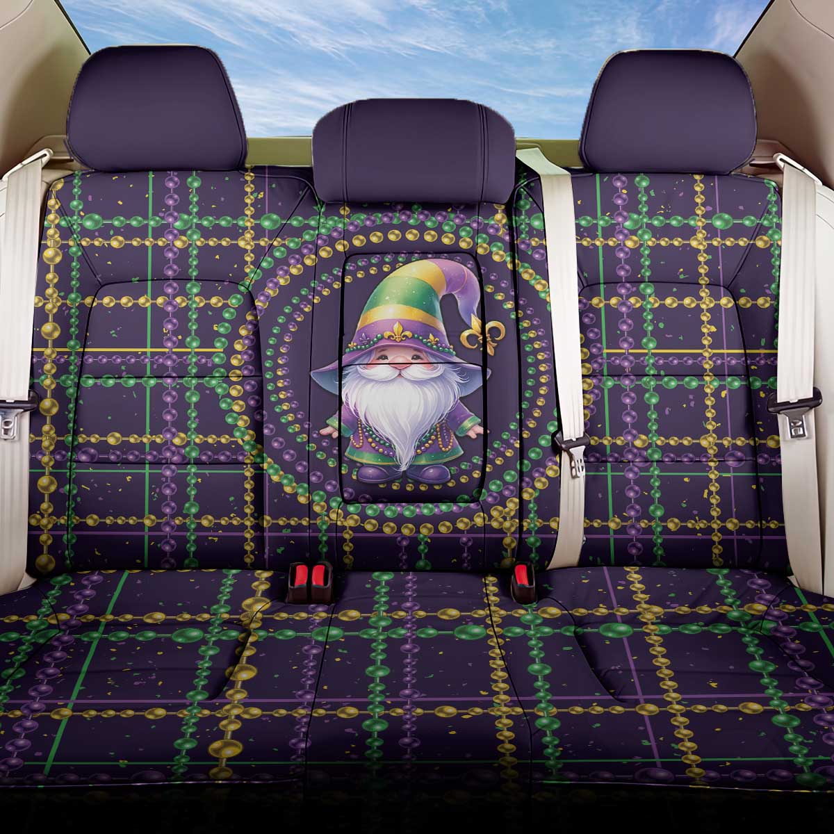 Mardi Gras Gnome Back Car Seat Cover Beads Fleur de lis Symbol