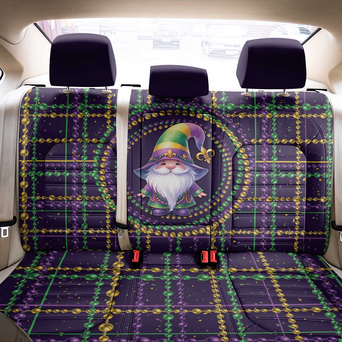 Mardi Gras Gnome Back Car Seat Cover Beads Fleur de lis Symbol