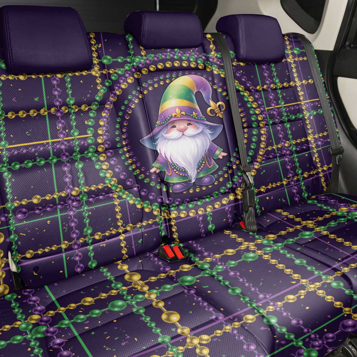 Mardi Gras Gnome Back Car Seat Cover Beads Fleur de lis Symbol