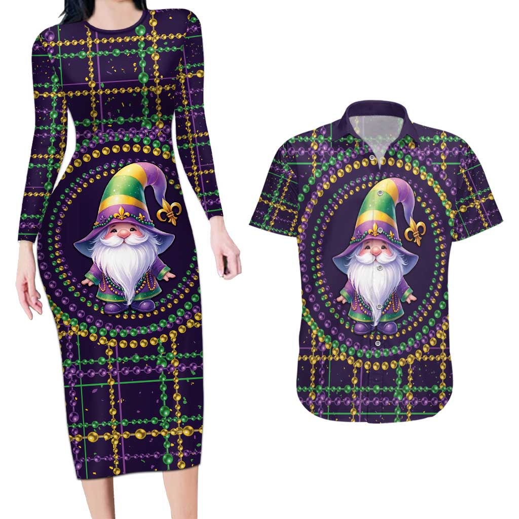 Mardi Gras Gnome Couples Matching Long Sleeve Bodycon Dress and Hawaiian Shirt Beads Fleur de lis Symbol